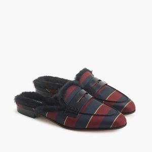 J.Crew Academy Loafer Mules Faux Fur Lining Navy Blue Burgundy Strips 8